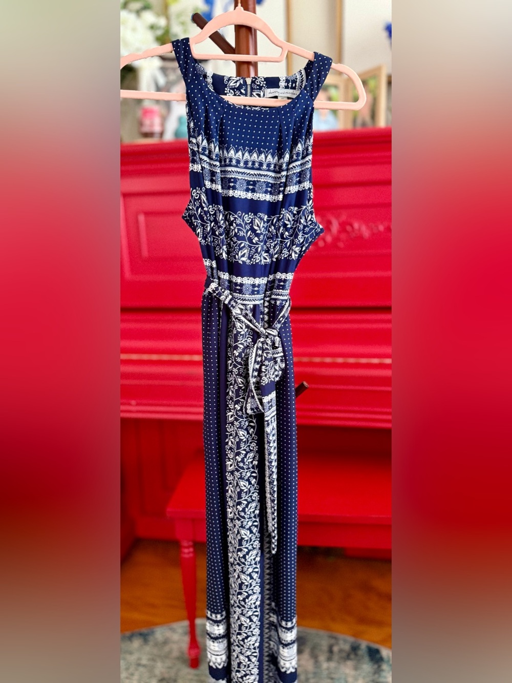 Danny & Nicole Navy and White Patterned Belted Maxi Dress